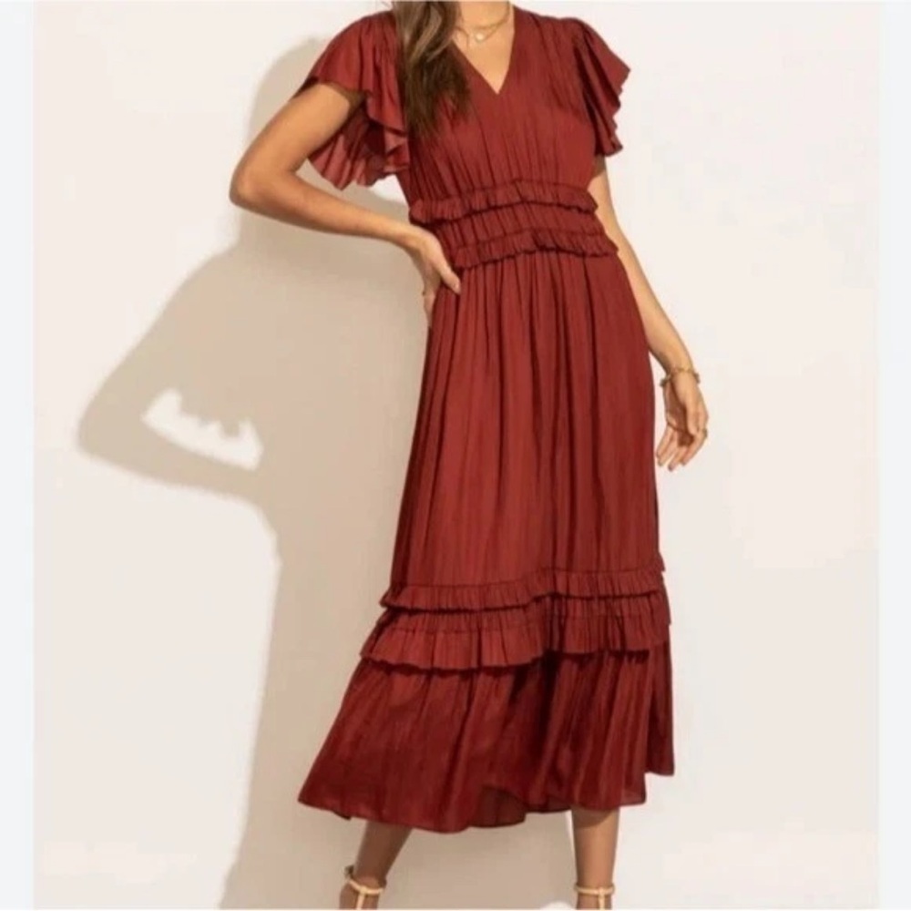 Current Air Deep Burgundy Midi Dress V Neck Size 1x Short Sleeve Ruffle Casual